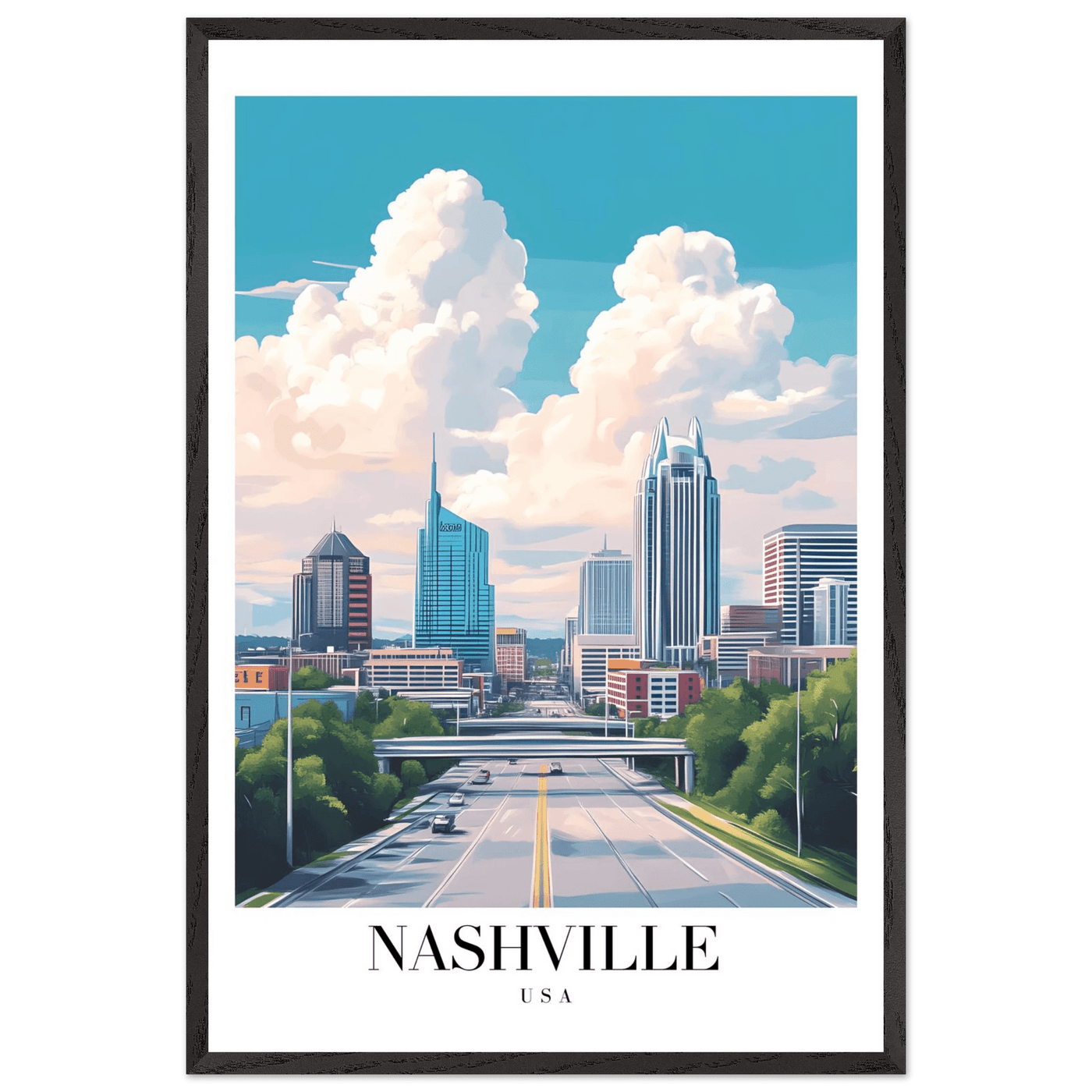 Nashville USA Cityscape Framed Poster – Modern Travel Wall Art with Wooden Frame & Your Choice of Size - Vibrantwalls
