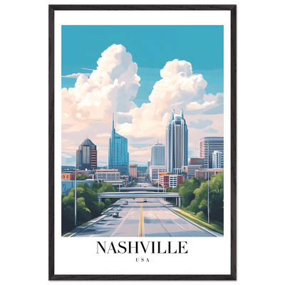 Nashville USA Cityscape Framed Poster – Modern Travel Wall Art with Wooden Frame & Your Choice of Size - Vibrantwalls