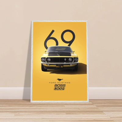 1969 Ford Mustang Boss 302 '69 - Iconic Yellow Framed Poster | Ready-to-Hang, Premium Art Print - Vibrantwalls