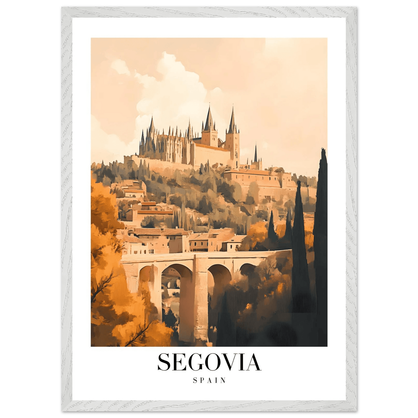 Segovia Spain Framed Poster – Vintage Travel Art with Warm Hues & Wooden Frame - Vibrantwalls