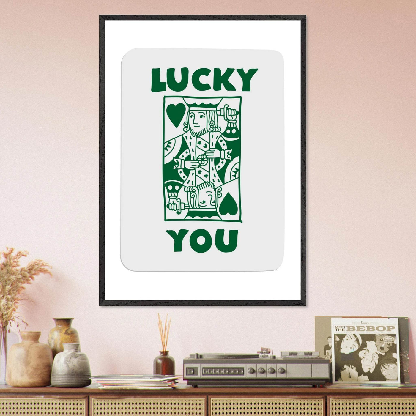 Lucky You Poker King of Hearts Print - Mounted Eco-Friendly Framed Poster Art in Dark Green - Vibrantwalls