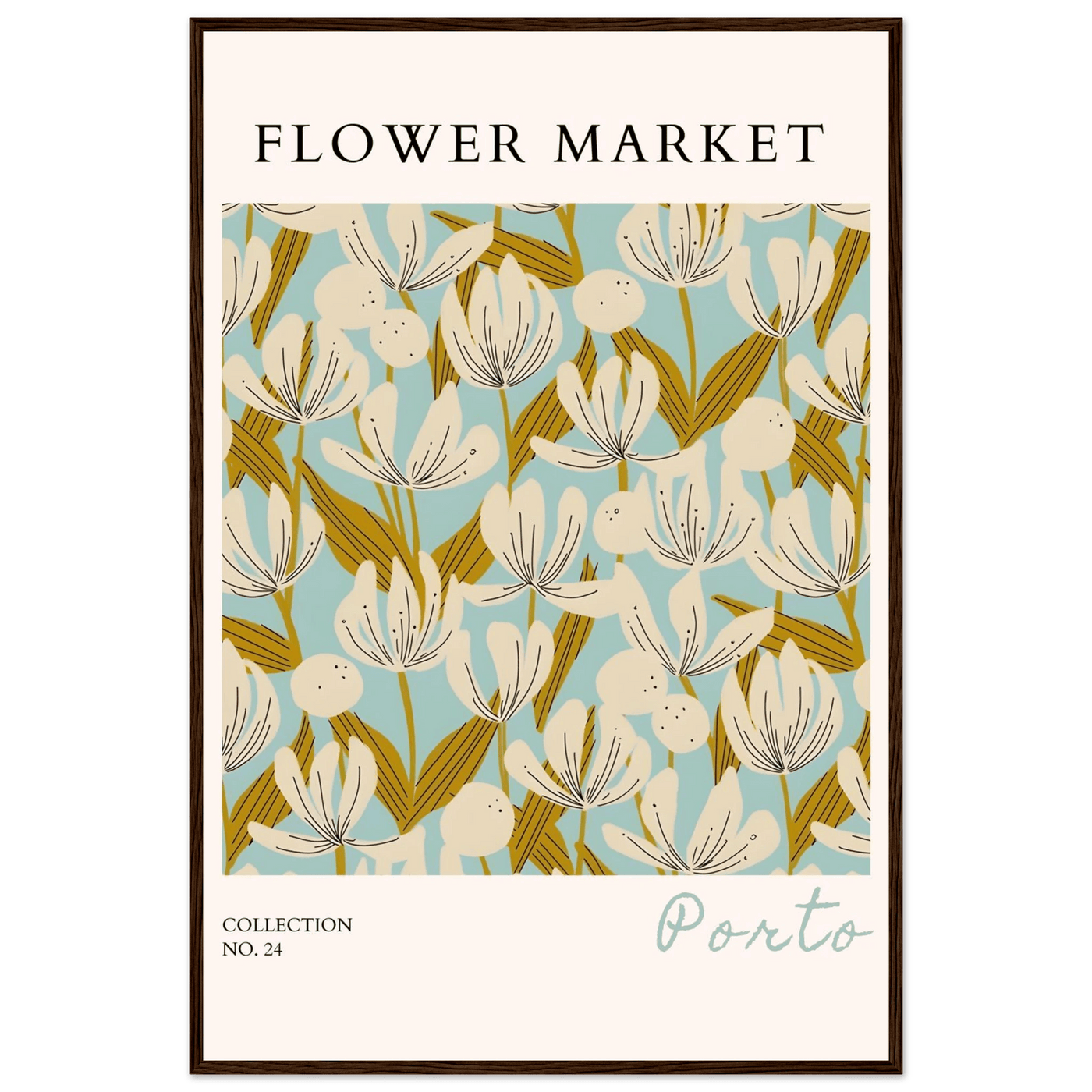 Flower Market Porto Abstract Floral Framed Poster | Calming Blue & Gold Botanical Art Print, Ready-to-Hang - Vibrantwalls