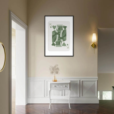 King of Hearts Poker Card Print - Sage Green & White Framed Art, Eco-Friendly Wood Frame - Vibrantwalls