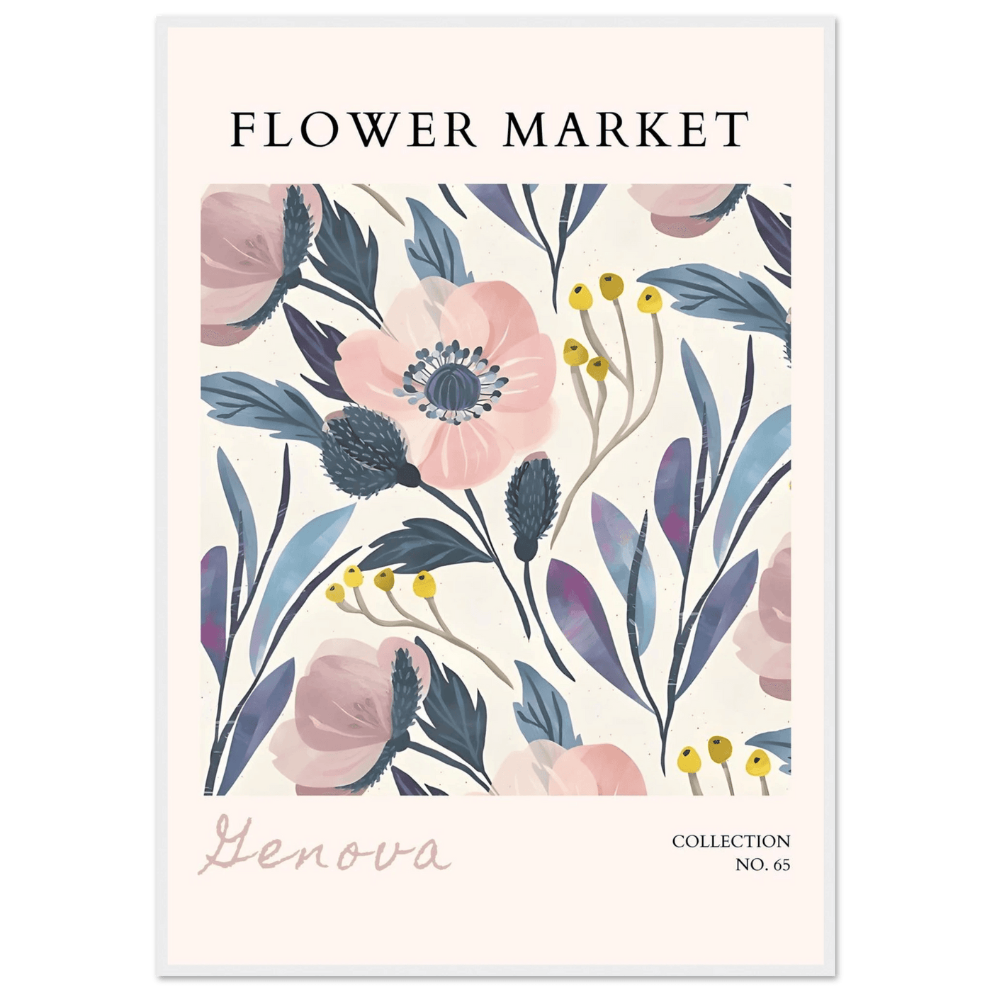 Flower Market 'Genova' Framed Poster – Blush & Indigo Floral Art Print | Ready-to-Hang Botanical Decor - Vibrantwalls
