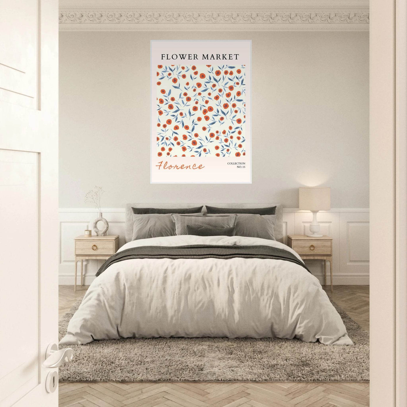 Florence Flower Market Art Print – Vibrant Orange Poppies & Blue Leaves | Framed & Ready-to-Hang Wall Art - Vibrantwalls