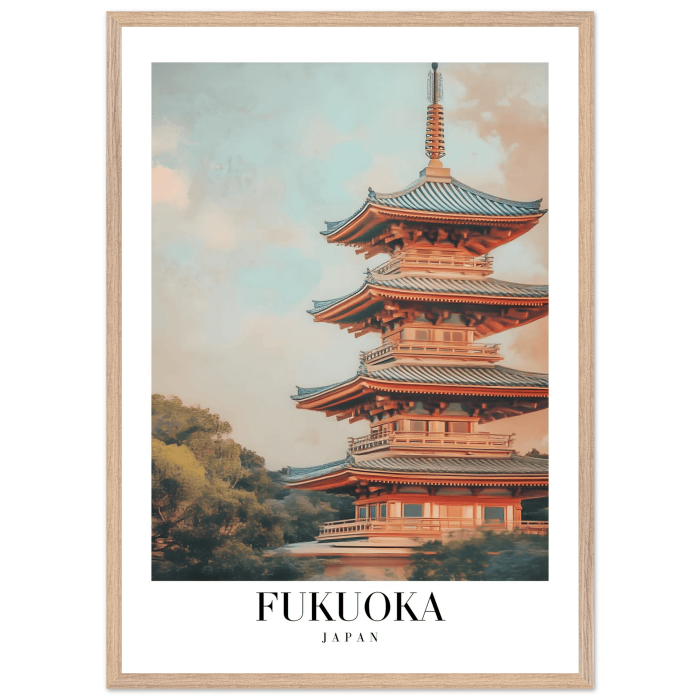 Fukuoka Japan Vintage Pagoda Framed Poster – Serene Travel Wall Art with Wooden Frame - Vibrantwalls