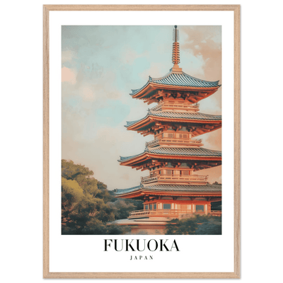Fukuoka Japan Vintage Pagoda Framed Poster – Serene Travel Wall Art with Wooden Frame - Vibrantwalls