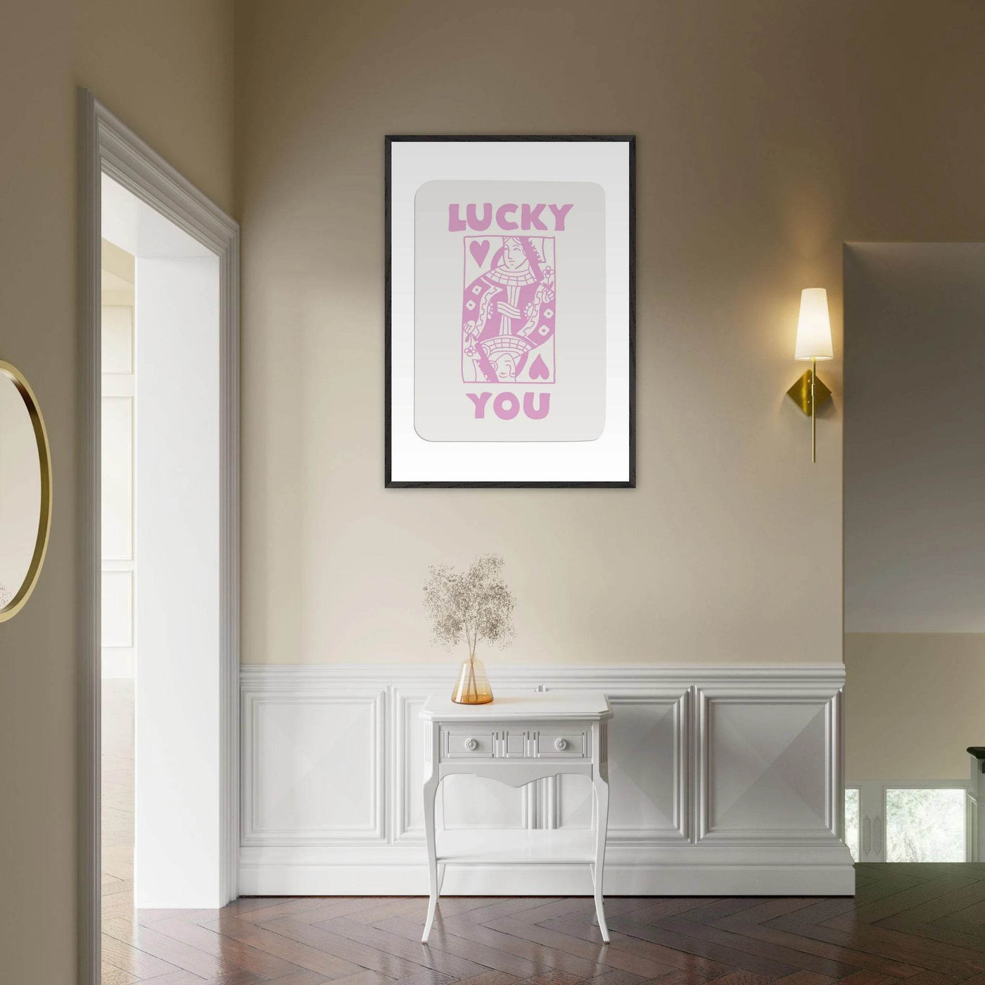 Lucky You Poker Card Art Print - Queen of Hearts Framed Poster, Pink & Cream Aesthetic Decor - Vibrantwalls
