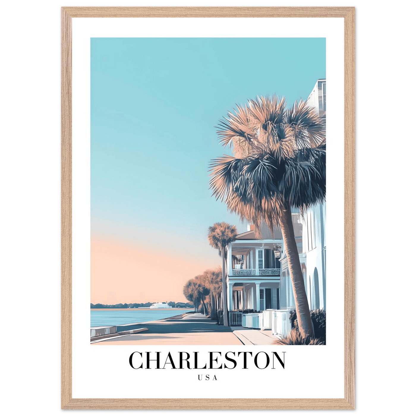 Charleston USA Framed Poster – Coastal Vintage Wall Art with Wooden Frame and Serene Sunset Hues - Vibrantwalls
