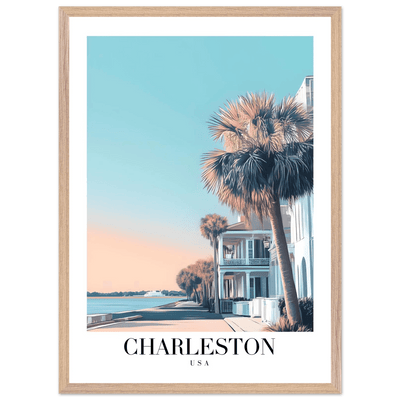 Charleston USA Framed Poster – Coastal Vintage Wall Art with Wooden Frame and Serene Sunset Hues - Vibrantwalls