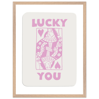 Lucky You Poker Card Art Print - Queen of Hearts Framed Poster, Pink & Cream Aesthetic Decor - Vibrantwalls