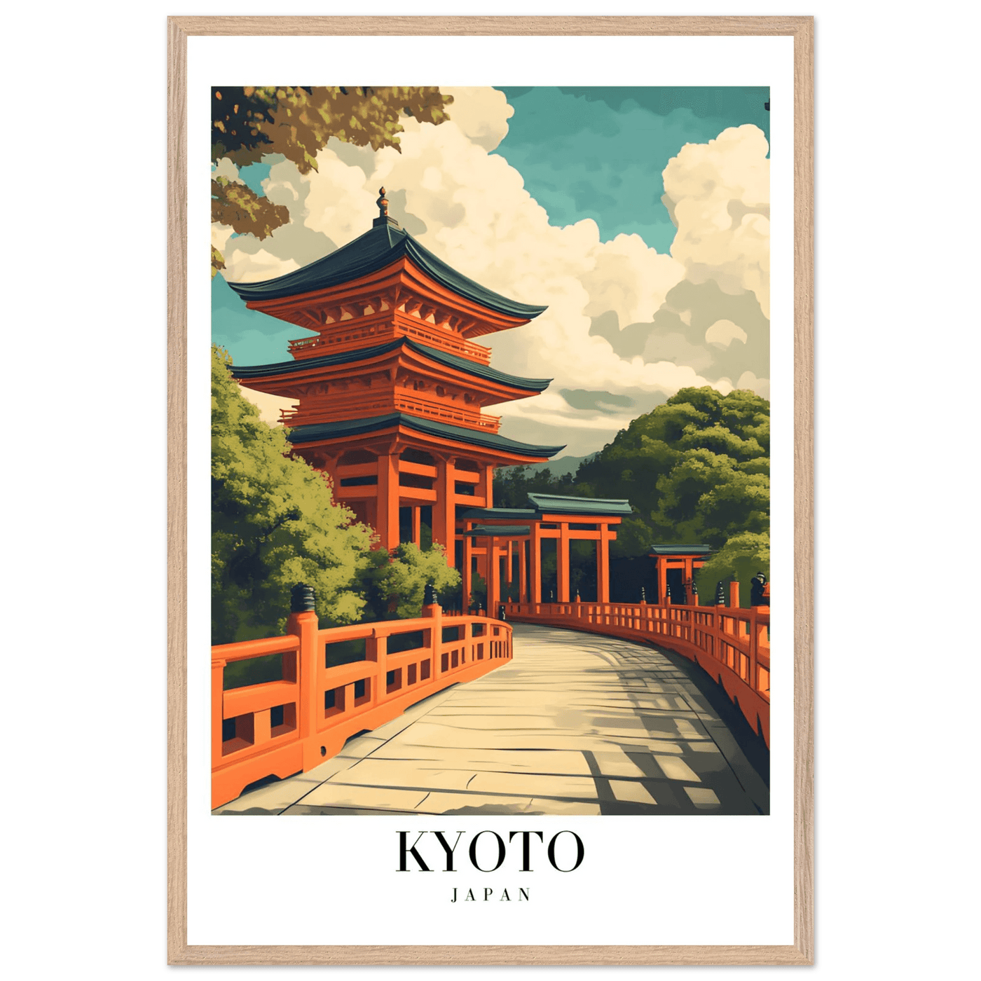 Kyoto Japan Pagoda Framed Poster – Japanese Temple Wall Art in Vibrant Orange with Wooden Frame - Vibrantwalls