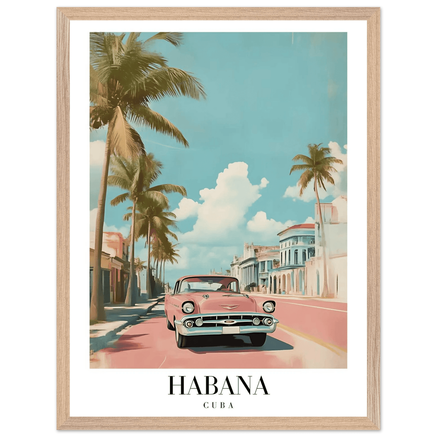 Habana Cuba Framed Poster – Vintage Pink Car Travel Art with Wooden Frame - Vibrantwalls