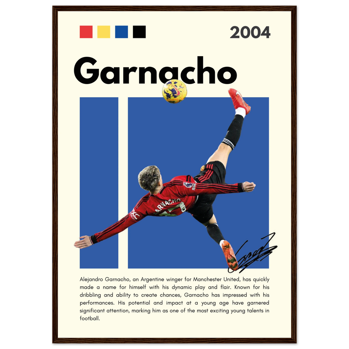 Alejandro Garnacho Manchester United Dynamic Football Poster 50x70 cm 20x28″ Dark wood frame Vibrantwalls