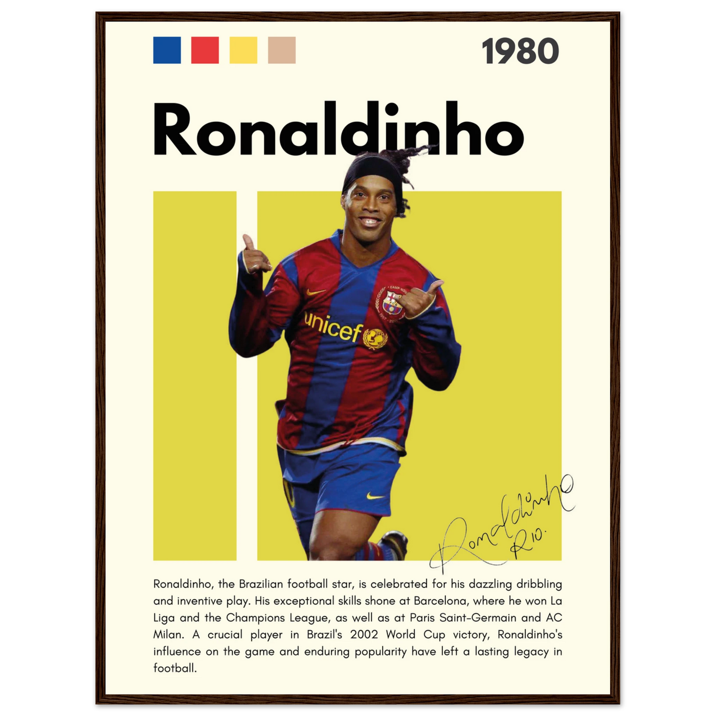 Ronaldinho Barcelona Football Legend Framed Brazil Poster 60x80 cm 24x32″ Dark wood frame Vibrantwalls
