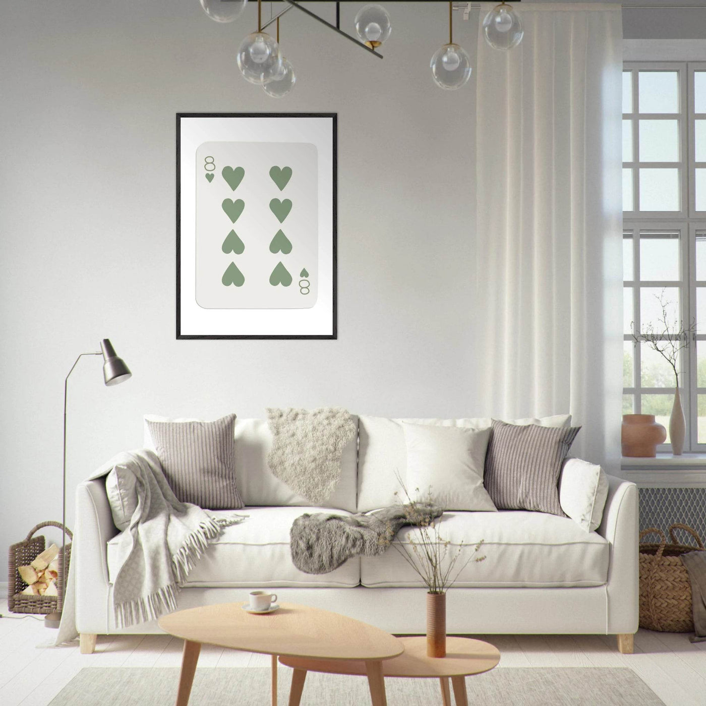 Minimalist Eight of Hearts Poker Card Print - Mounted Framed Poster Art, Eco-Friendly Wood Frame in Sage Green - Vibrantwalls