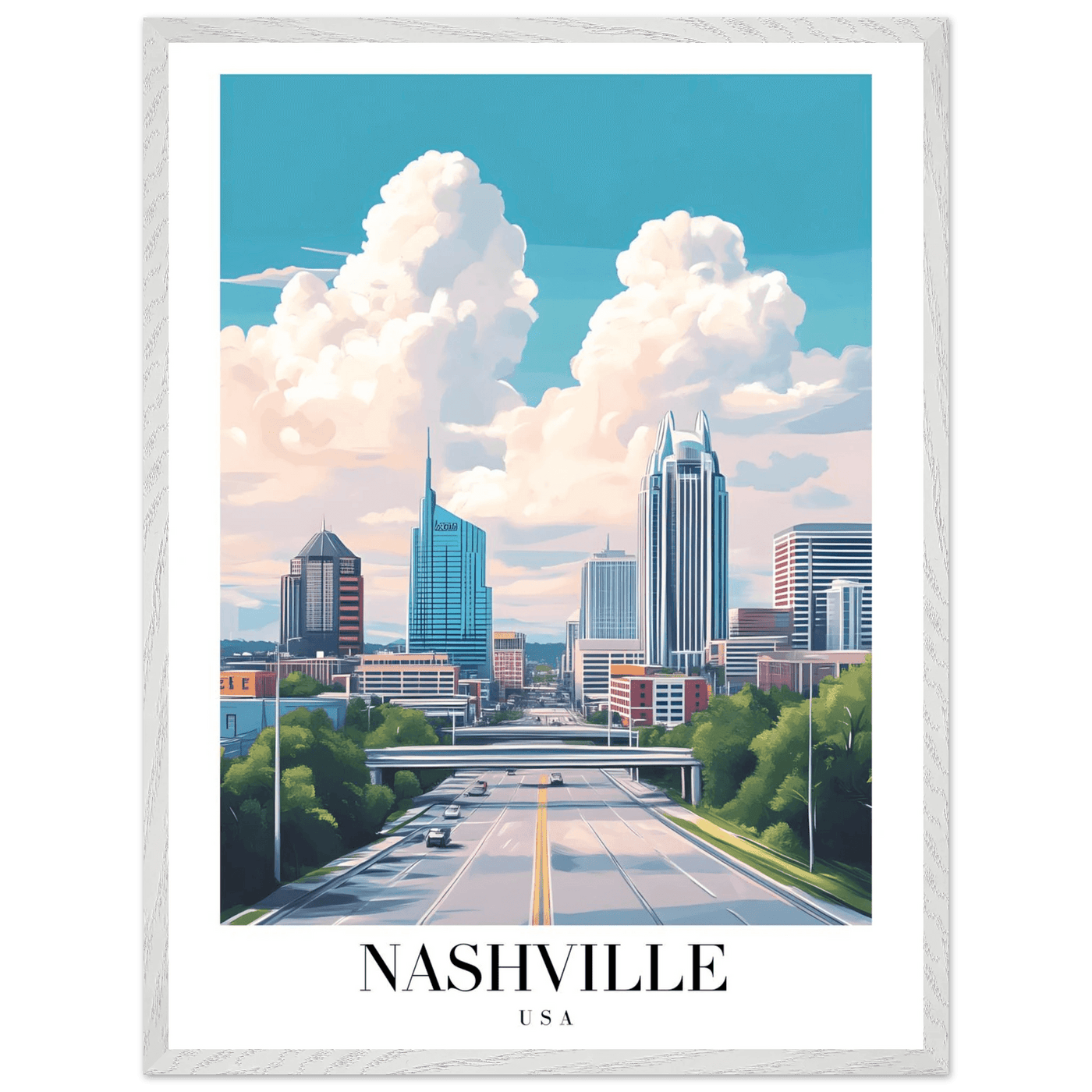 Nashville USA Cityscape Framed Poster – Modern Travel Wall Art with Wooden Frame & Your Choice of Size - Vibrantwalls