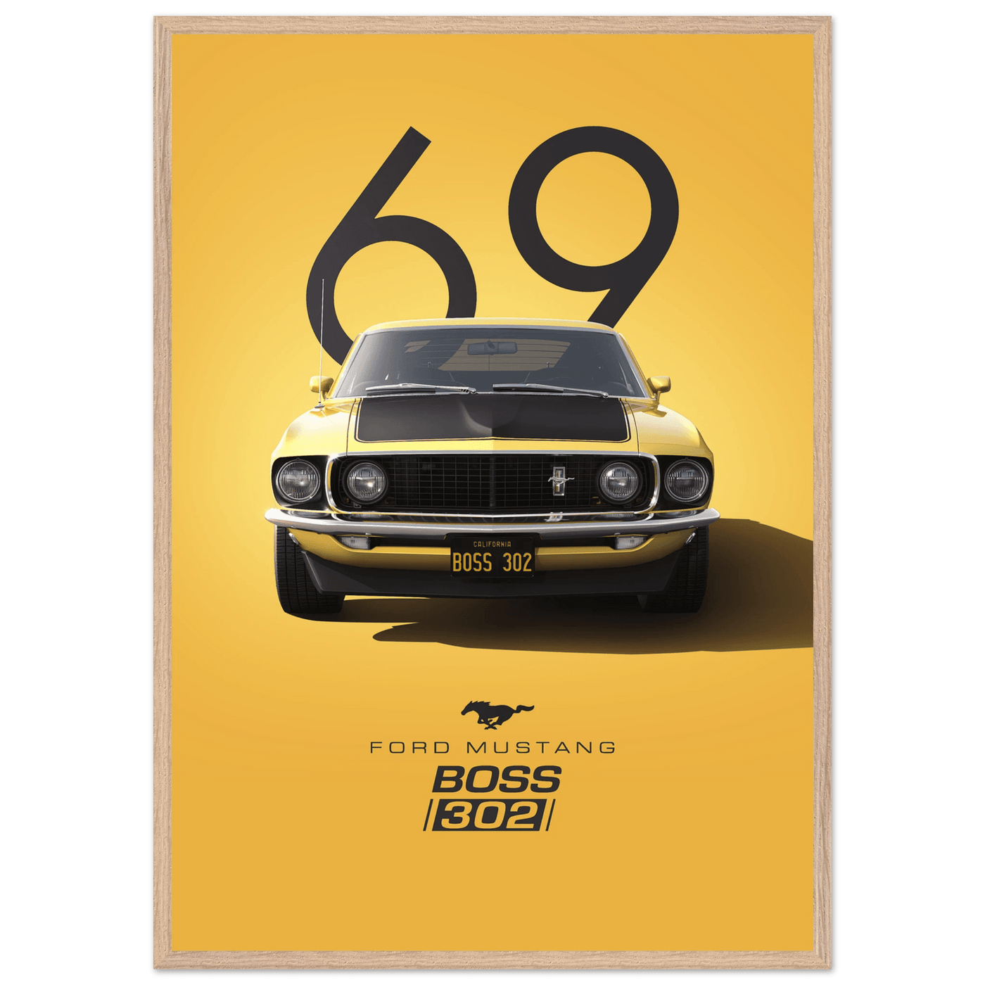 1969 Ford Mustang Boss 302 '69 - Iconic Yellow Framed Poster | Ready-to-Hang, Premium Art Print - Vibrantwalls