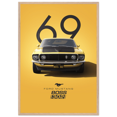 1969 Ford Mustang Boss 302 '69 - Iconic Yellow Framed Poster | Ready-to-Hang, Premium Art Print - Vibrantwalls