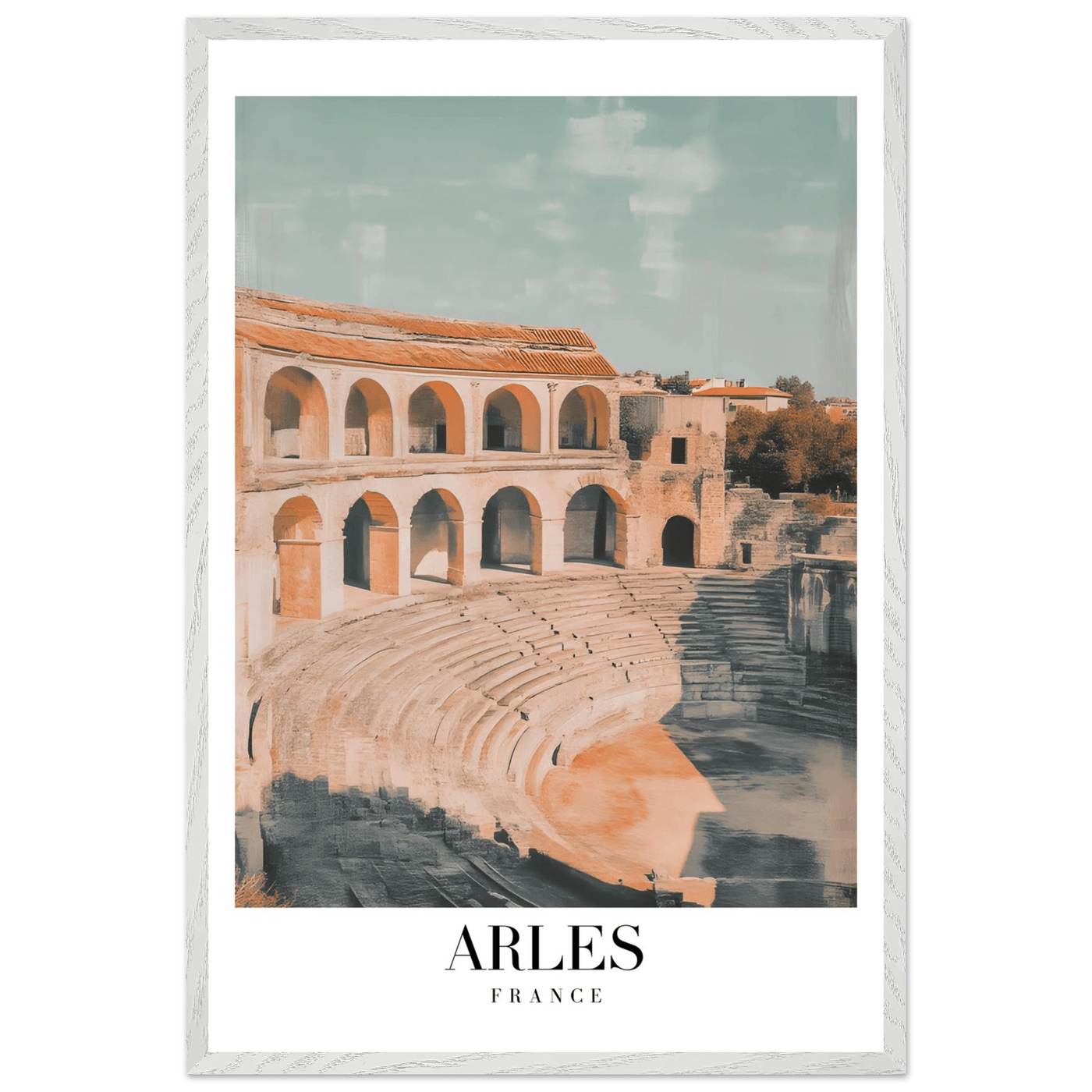 Arles France Amphitheater Framed Poster – Vintage Travel Wall Art with Wooden Frame and Serene Palette - Vibrantwalls