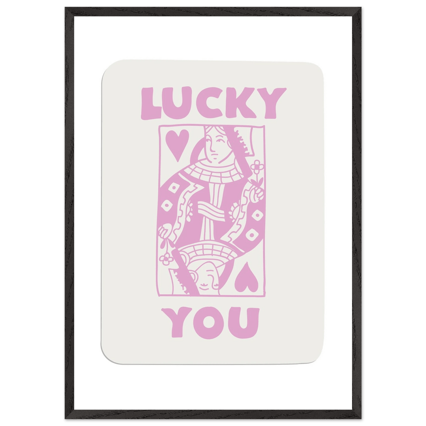 Lucky You Poker Card Art Print - Queen of Hearts Framed Poster, Pink & Cream Aesthetic Decor - Vibrantwalls