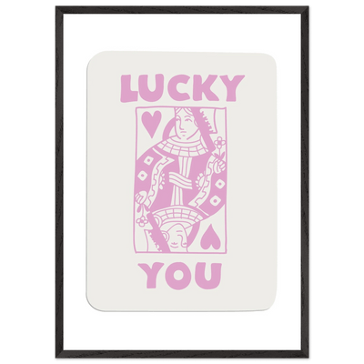 Lucky You Poker Card Art Print - Queen of Hearts Framed Poster, Pink & Cream Aesthetic Decor - Vibrantwalls