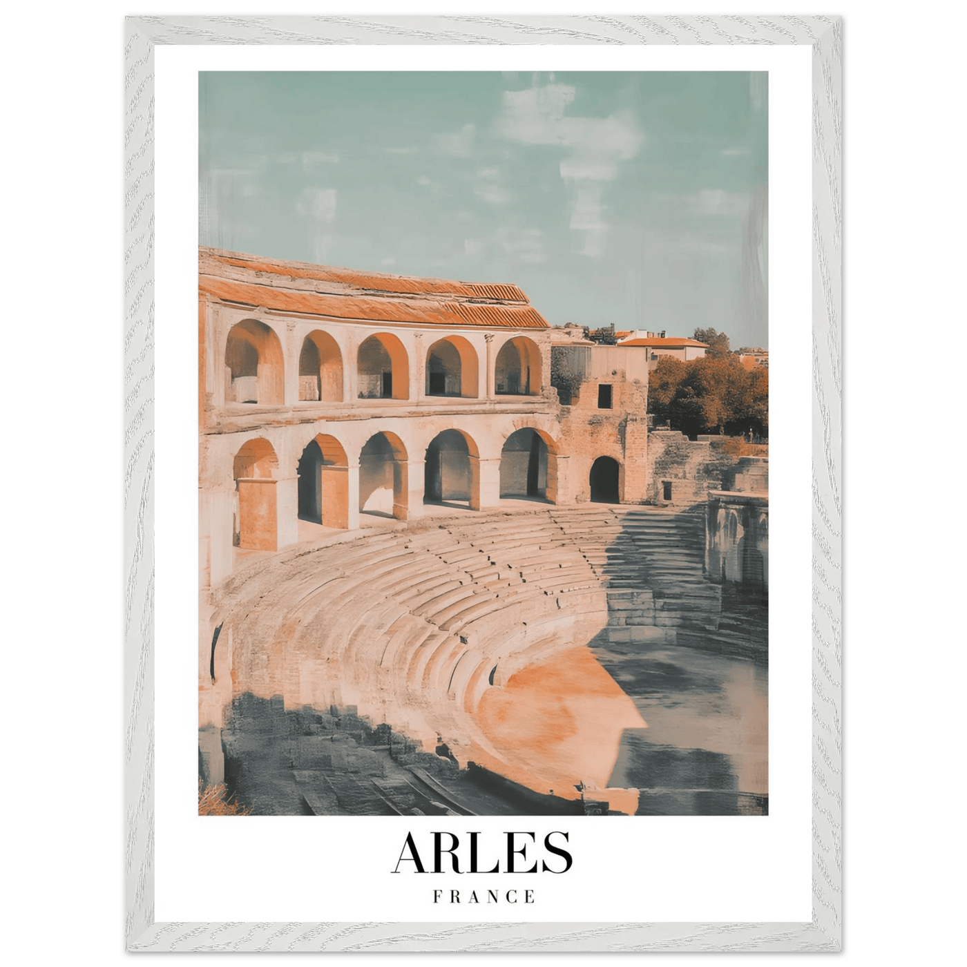 Arles France Amphitheater Framed Poster – Vintage Travel Wall Art with Wooden Frame and Serene Palette - Vibrantwalls
