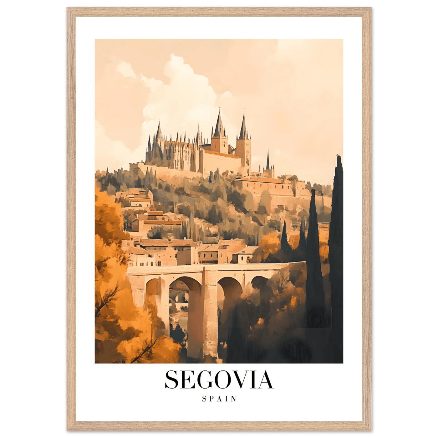 Segovia Spain Framed Poster – Vintage Travel Art with Warm Hues & Wooden Frame - Vibrantwalls