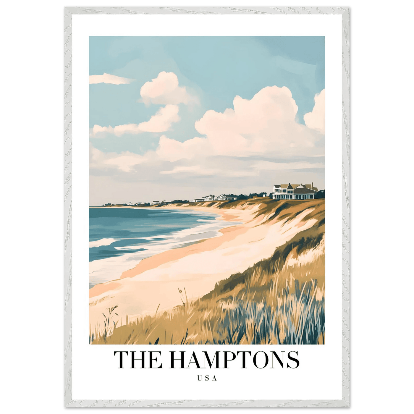 The Hamptons USA Framed Poster – Coastal Chic Vintage Travel Wall Art in Various Sizes & Frame Finishes - Vibrantwalls