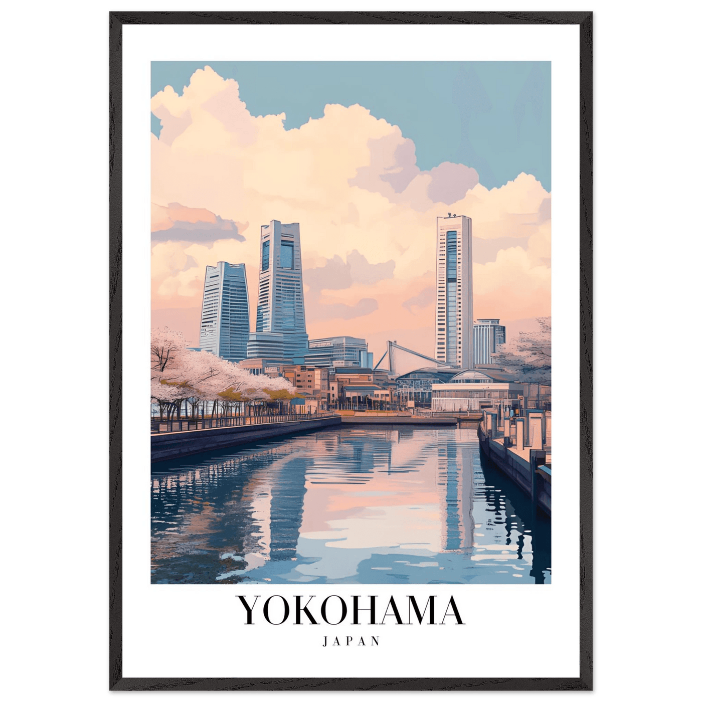 Yokohama Japan Framed Poster – Serene Pastel Cityscape Wall Art with Wooden Frame - Vibrantwalls