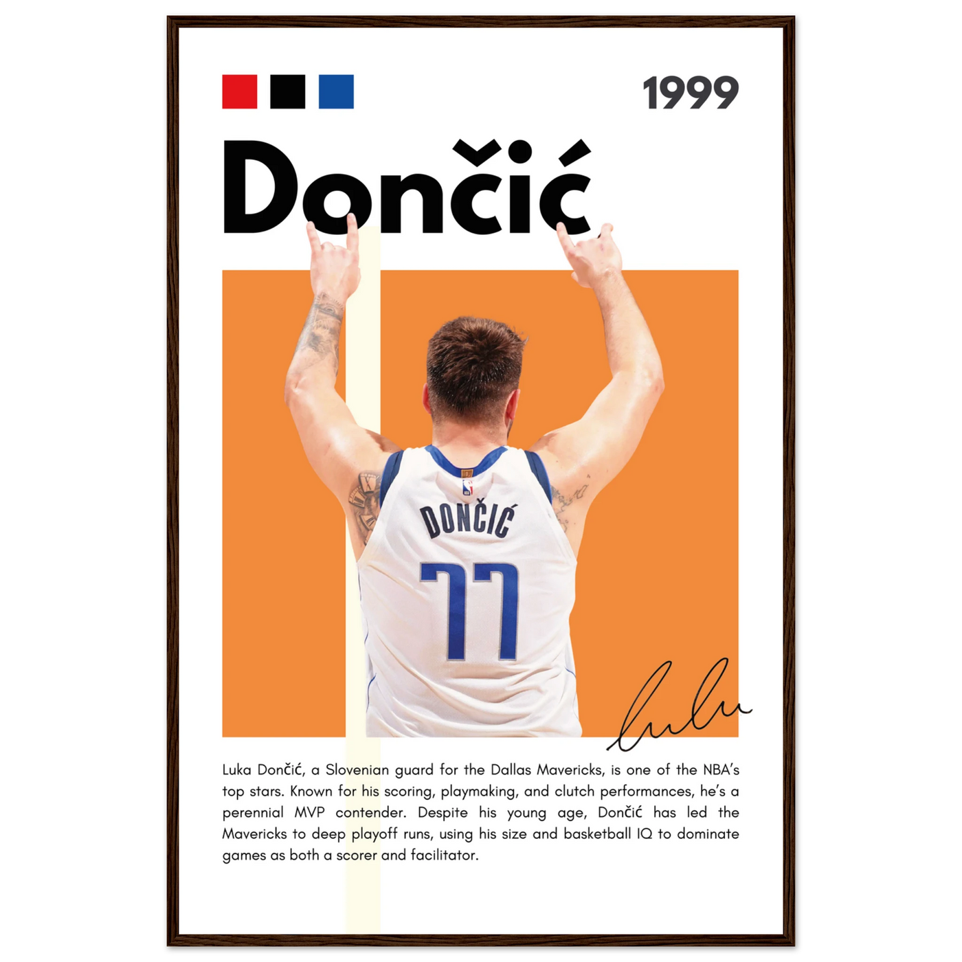 Luka Dončić El Matador Mavericks Framed Poster 60x90 cm 24x36″ Dark wood frame Vibrantwalls