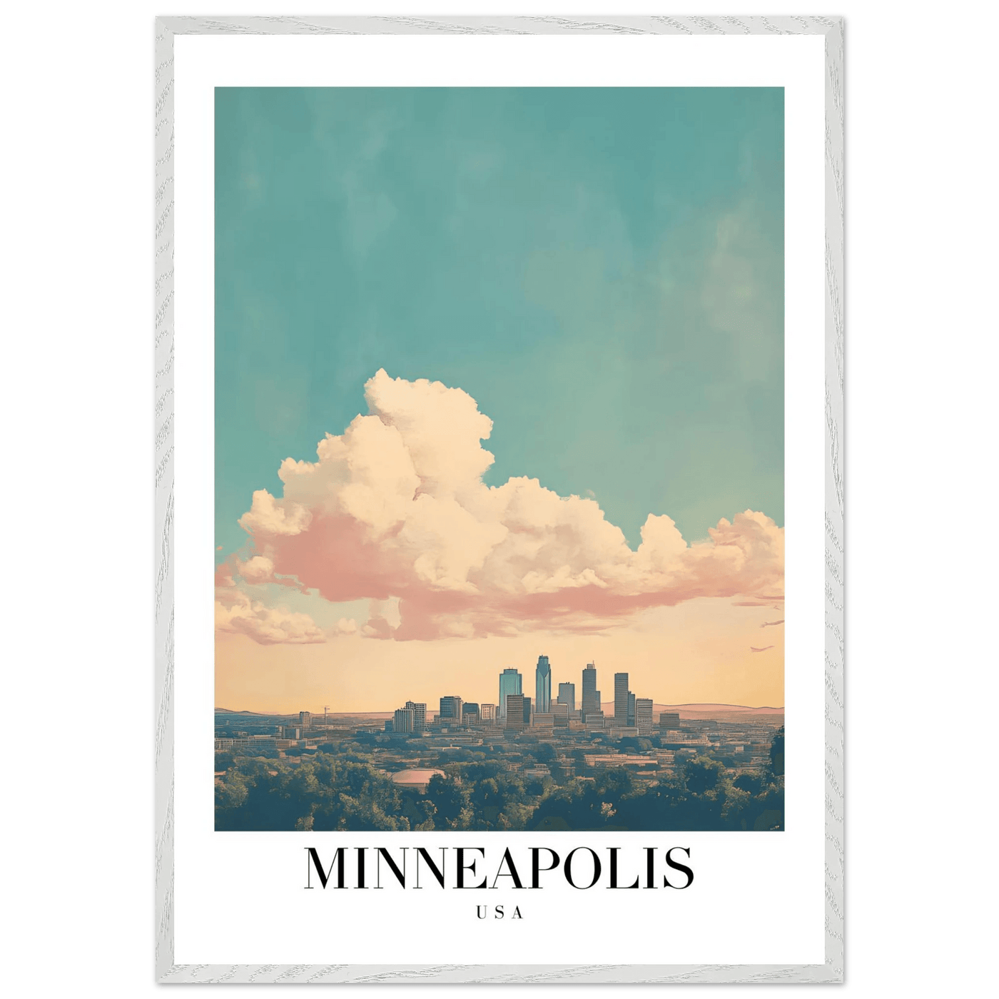 Minneapolis USA Framed Poster – Pastel Dream Sky Vintage Cityscape Art with Premium Wooden Frame - Vibrantwalls