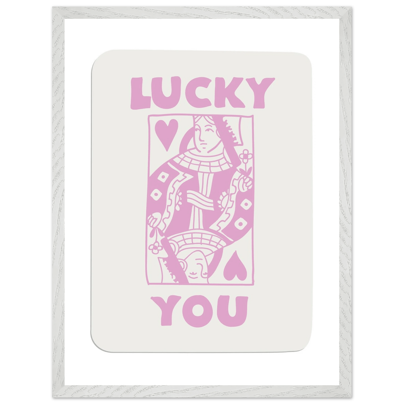 Lucky You Poker Card Art Print - Queen of Hearts Framed Poster, Pink & Cream Aesthetic Decor - Vibrantwalls
