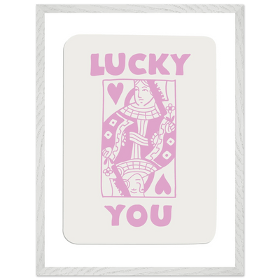 Lucky You Poker Card Art Print - Queen of Hearts Framed Poster, Pink & Cream Aesthetic Decor - Vibrantwalls