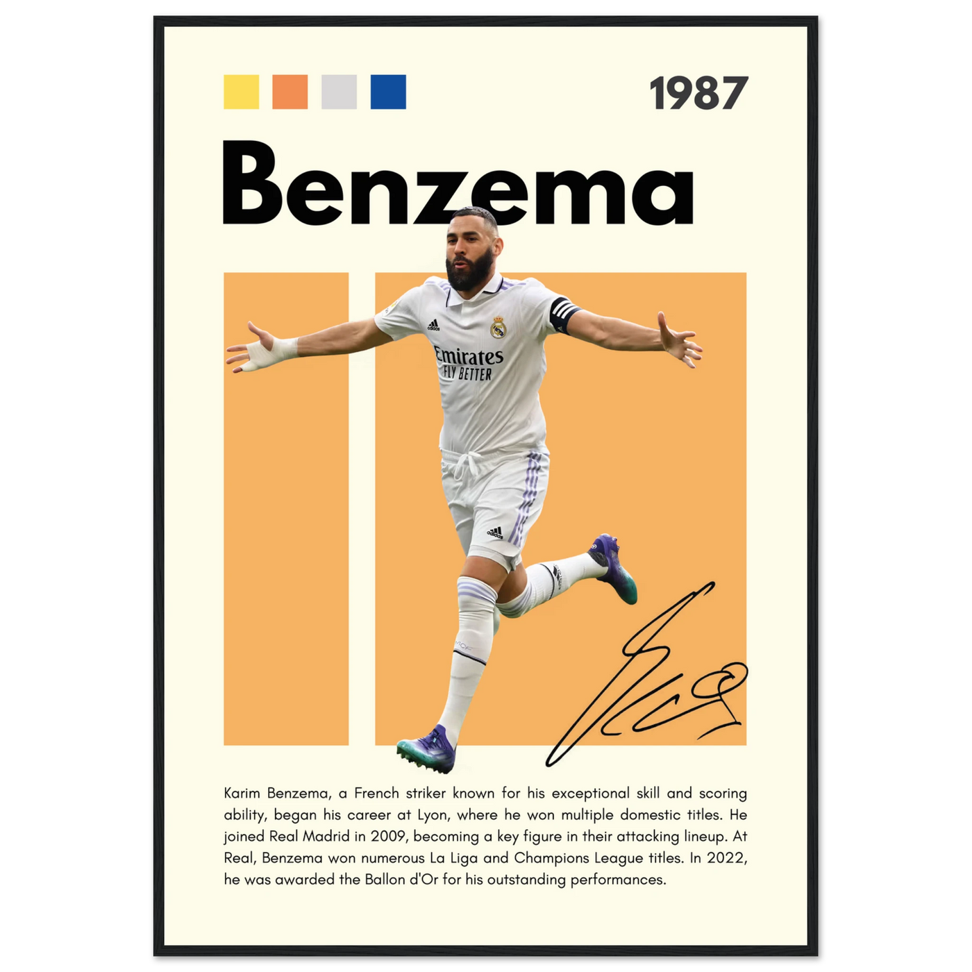 Karim Benzema Real Madrid Soccer Framed Poster – Modern Football Art Print with Signature Detail 70x100 cm 28x40″ Black frame Vibrantwalls