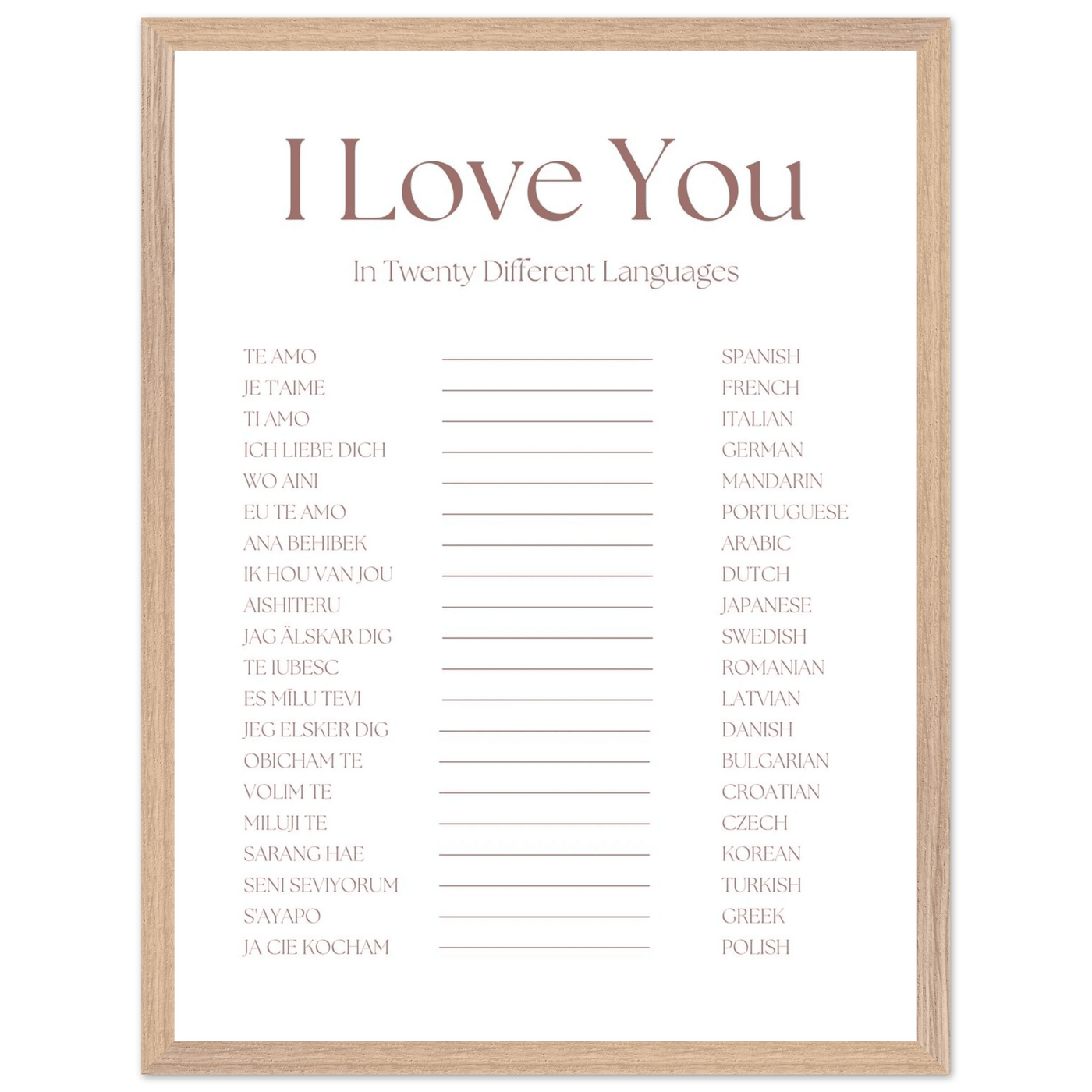 I Love You in 20 Languages - Mounted Framed Art Print, Eco-Friendly Wood Frame in Your Choice of Style - Vibrantwalls