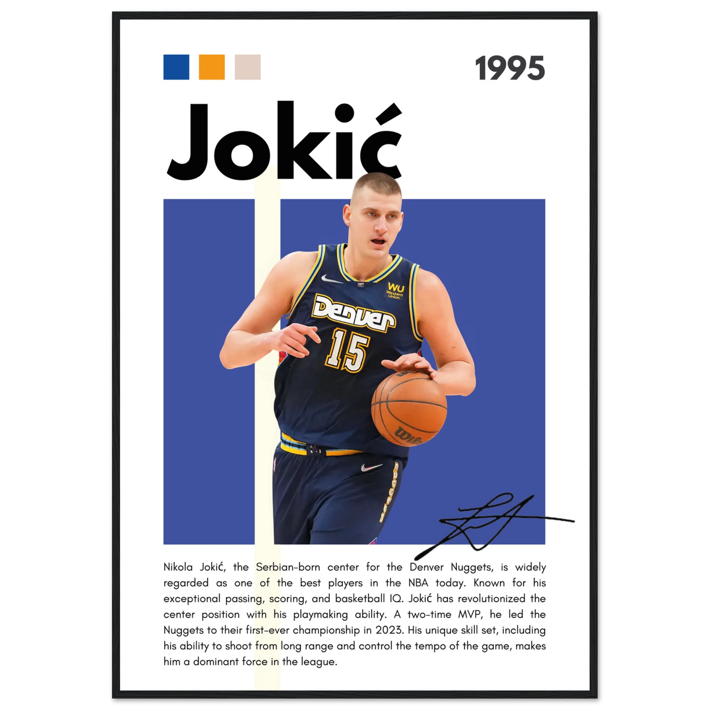 Nikola Jokic Joker Nuggets Minimalist Art Print 70x100 cm 28x40″ Black frame Vibrantwalls