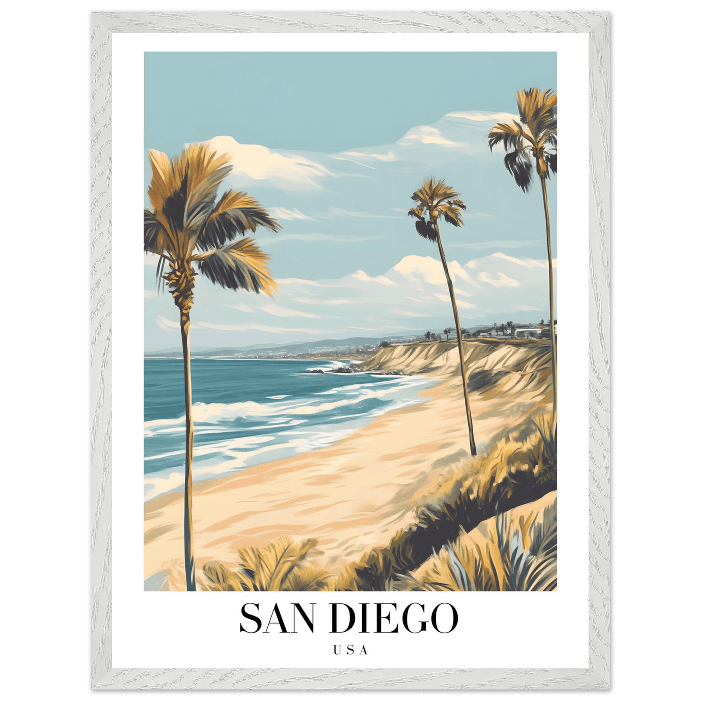 San Diego USA Framed Poster – Vintage Beach Travel Wall Art with Wooden Frame in Your Choice of Size and Finish - Vibrantwalls