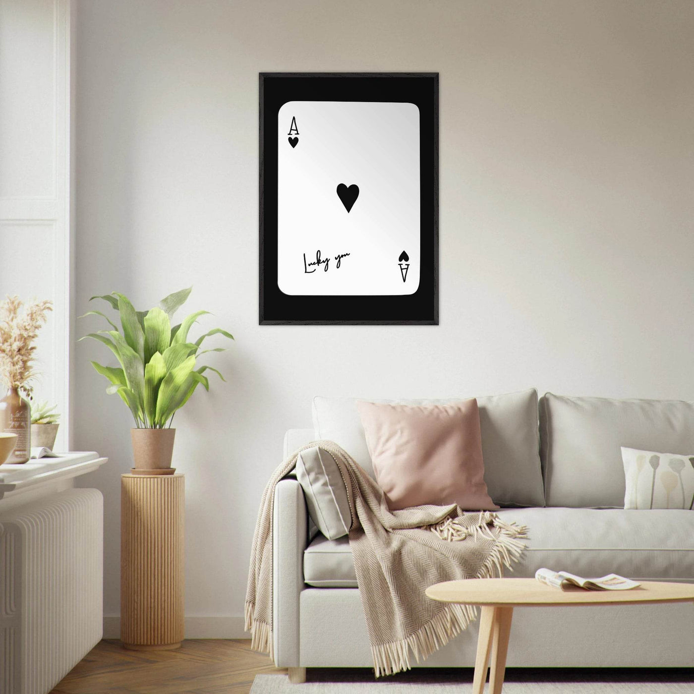 Ace of Hearts 'Lucky You' Framed Poker Card Art - Modern Black & White Print, Eco-Friendly Wood Frame - Vibrantwalls