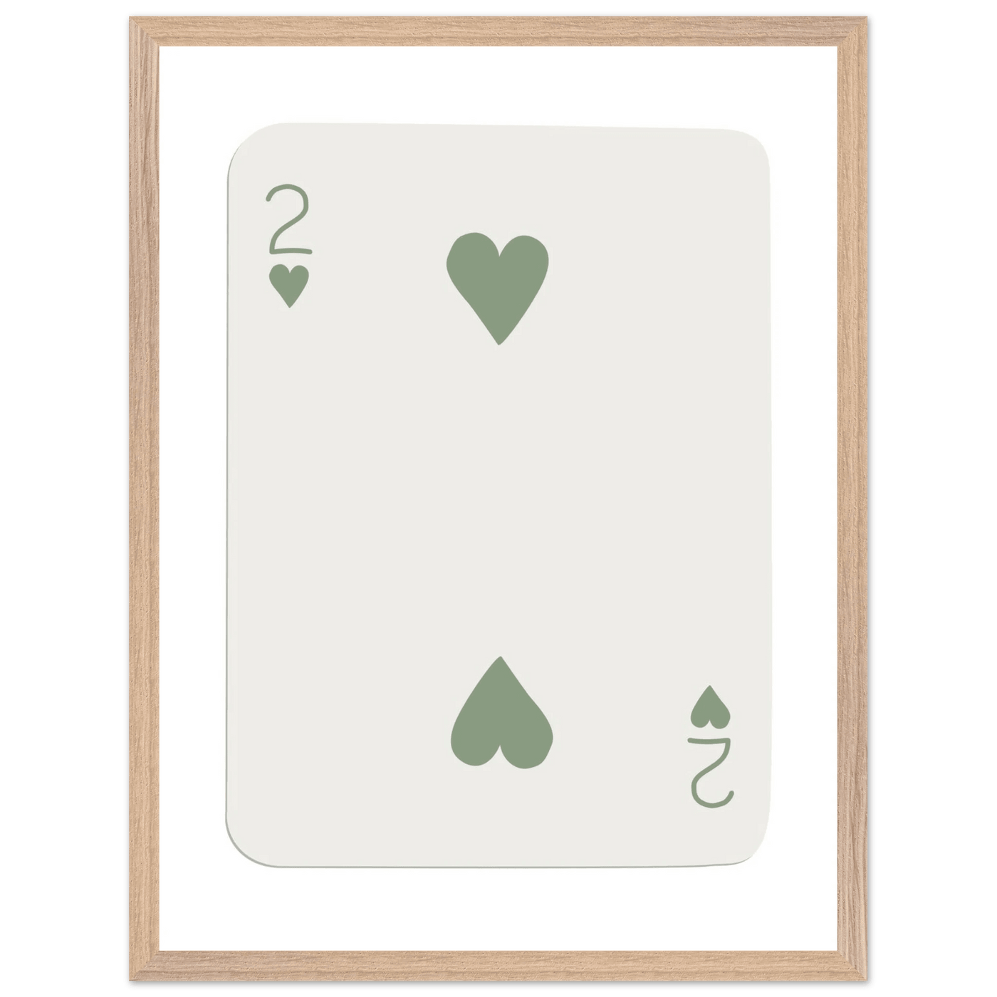 Minimalist Two of Hearts Poker Card Print - Sage Green & Cream Framed Art for Modern Decor, Eco Wood Frame - Vibrantwalls