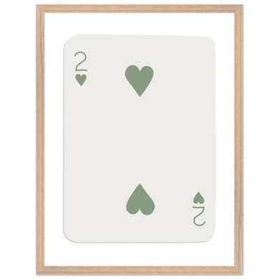 Minimalist Two of Hearts Poker Card Print - Sage Green & Cream Framed Art for Modern Decor, Eco Wood Frame - Vibrantwalls