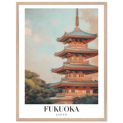 Fukuoka Japan Vintage Pagoda Framed Poster – Serene Travel Wall Art with Wooden Frame - Vibrantwalls