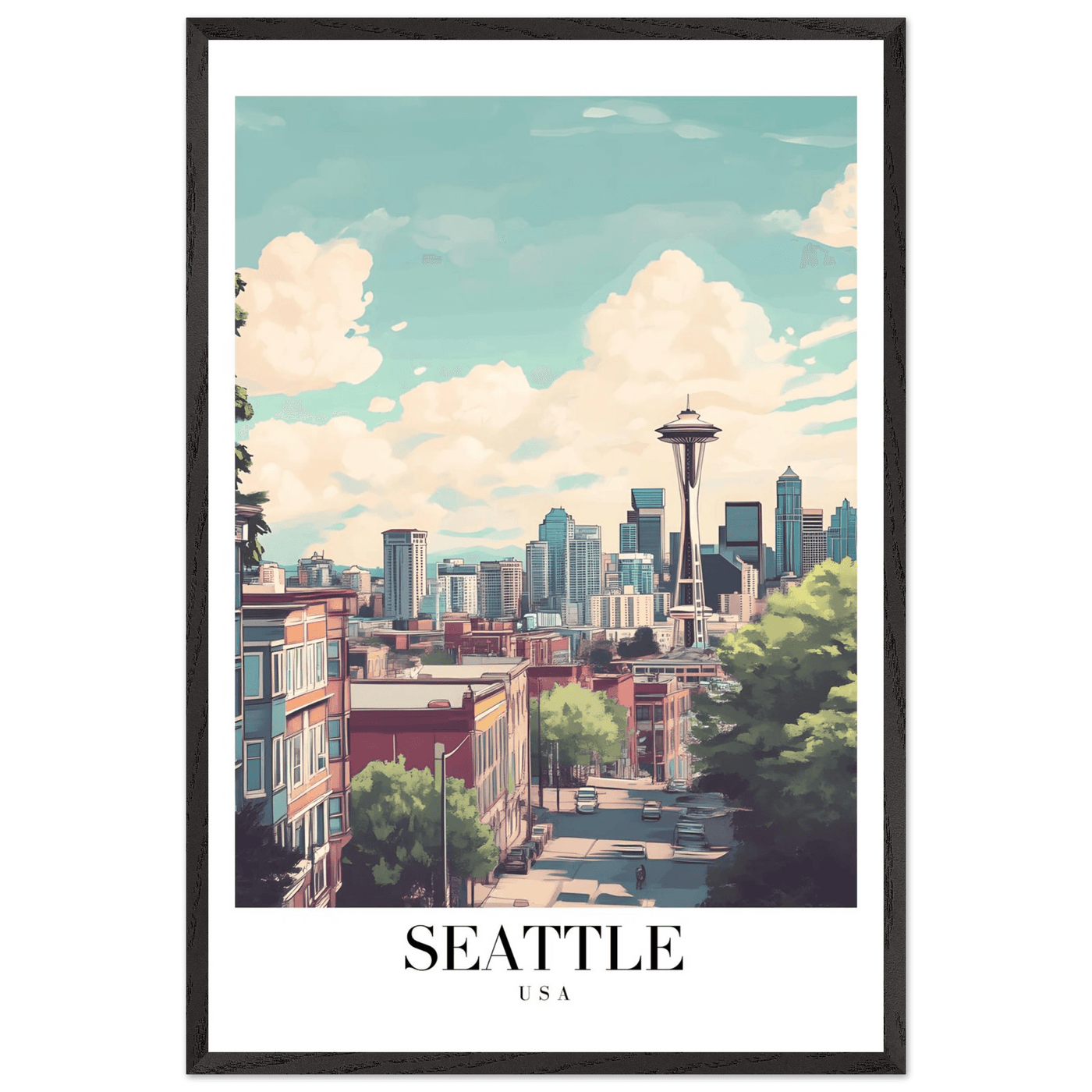 Seattle USA Framed Poster – Charming Watercolor Cityscape Wall Art with Wooden Frame - Vibrantwalls