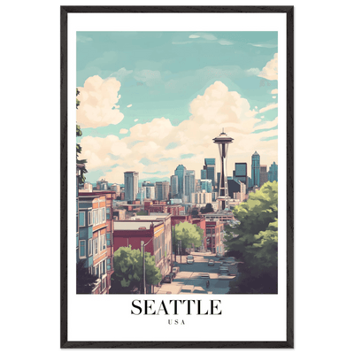 Seattle USA Framed Poster – Charming Watercolor Cityscape Wall Art with Wooden Frame - Vibrantwalls