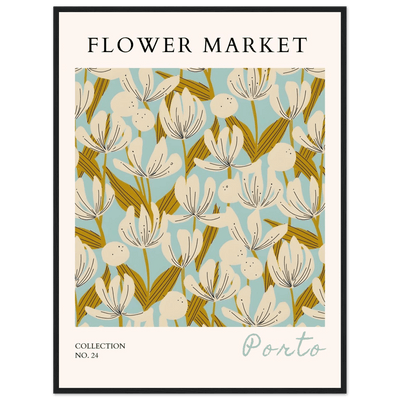 Flower Market Porto Abstract Floral Framed Poster | Calming Blue & Gold Botanical Art Print, Ready-to-Hang - Vibrantwalls