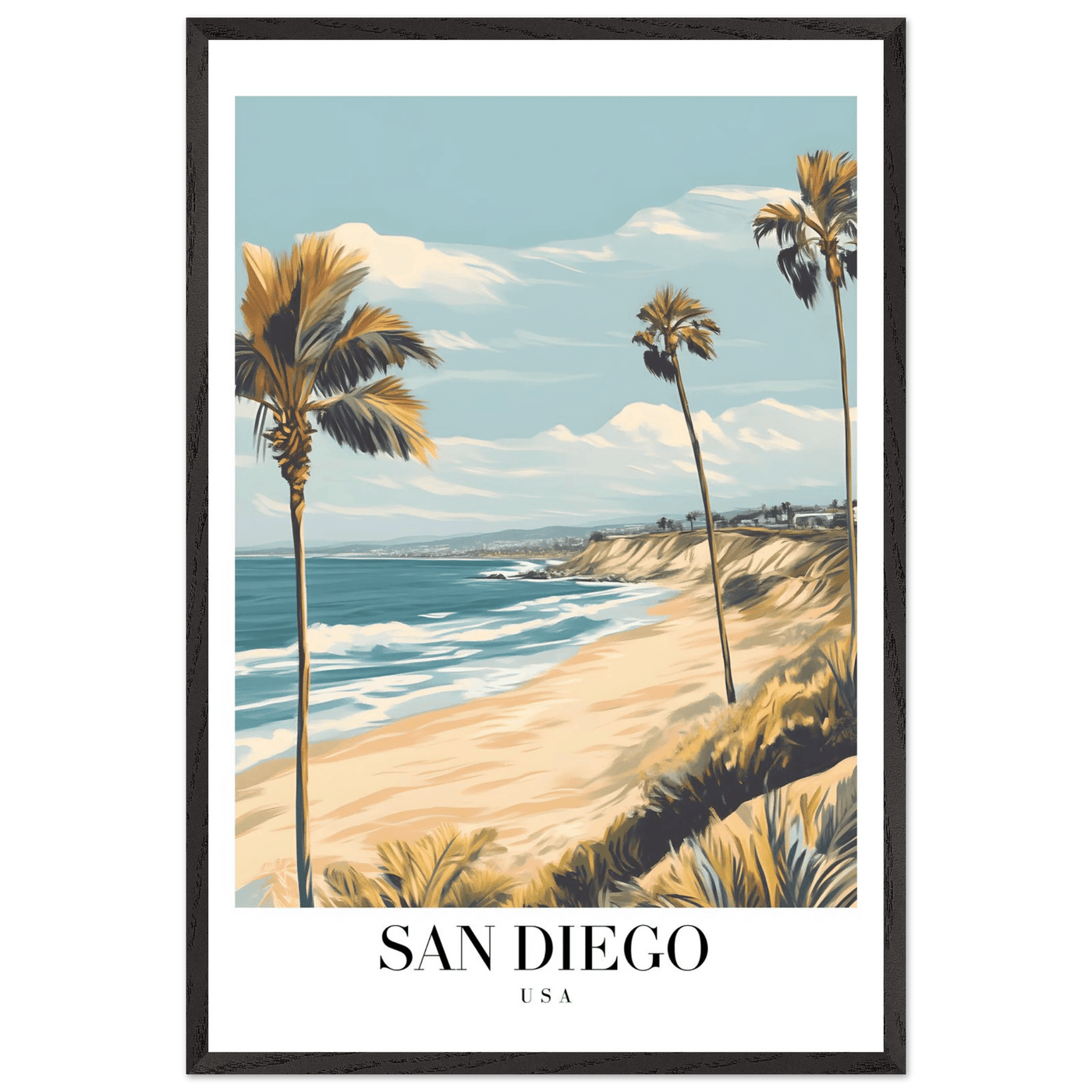 San Diego USA Framed Poster – Vintage Beach Travel Wall Art with Wooden Frame in Your Choice of Size and Finish - Vibrantwalls