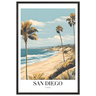 San Diego USA Framed Poster – Vintage Beach Travel Wall Art with Wooden Frame in Your Choice of Size and Finish - Vibrantwalls