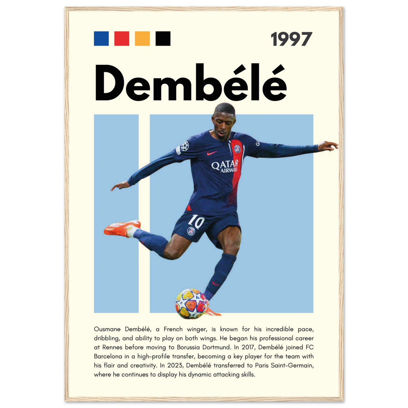 Ousmane Dembélé PSG Soccer Framed Poster – Dynamic Football Art Print in Multiple Sizes & Frame Styles 70x100 cm 28x40″ Wood frame Vibrantwalls