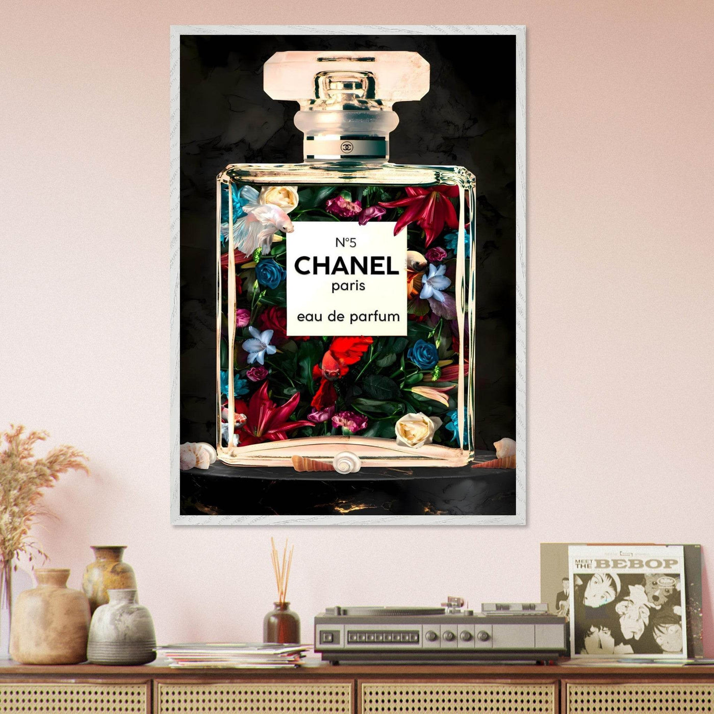 Chanel No. 5 Floral Fantasy Framed Art Print: A Timeless Blend of Iconic Fragrance and Vibrant Botanicals - Vibrantwalls