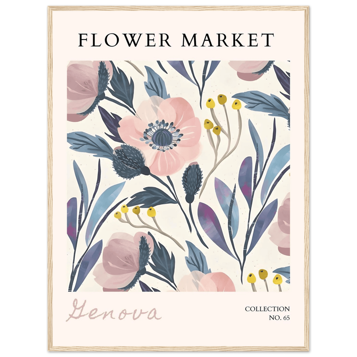 Flower Market 'Genova' Framed Poster – Blush & Indigo Floral Art Print | Ready-to-Hang Botanical Decor - Vibrantwalls